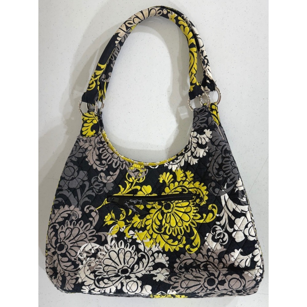 Vera Bradley Baroque Shoulder Bag Large Black Yellow Quilted Floral Hobo READ